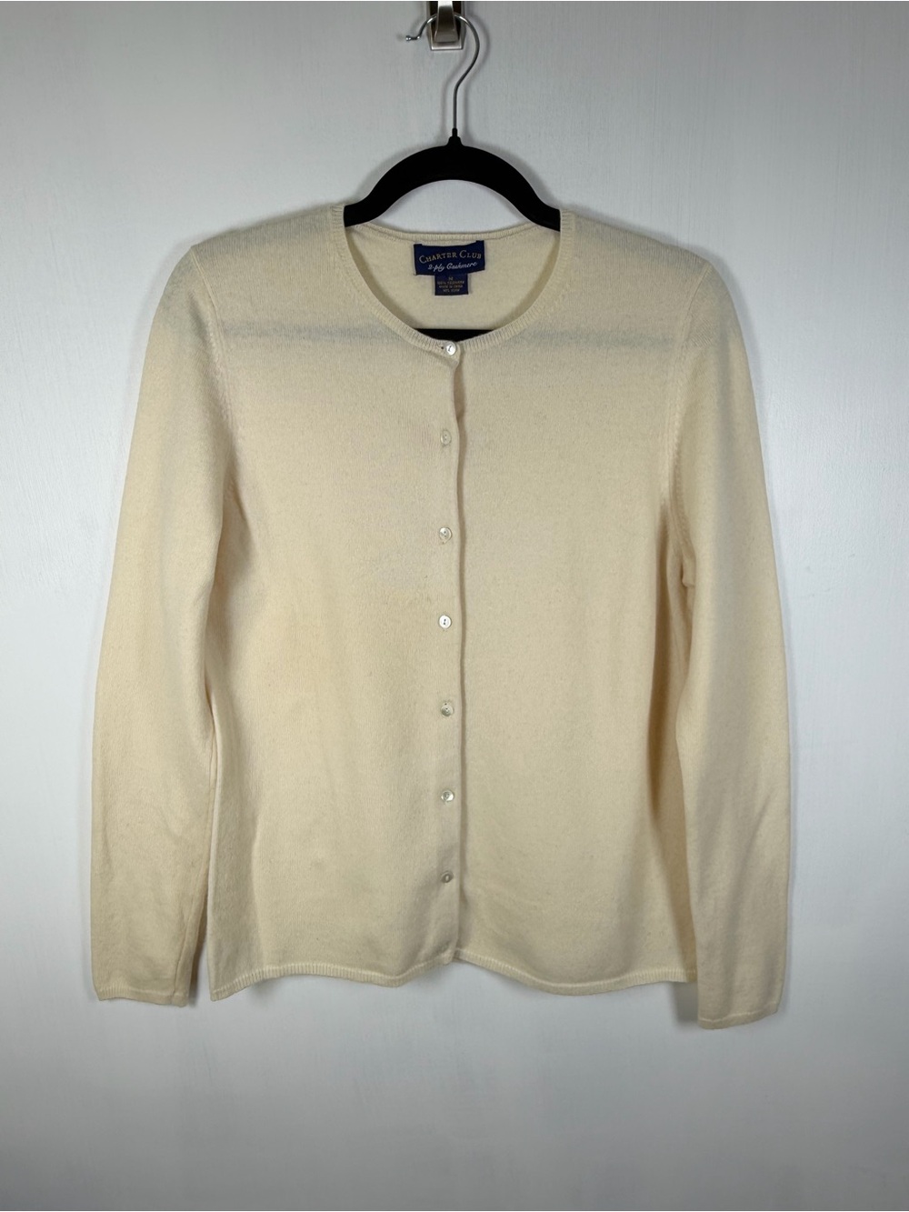 Charter Club Women’s 100% Cashmere Ivory Crewneck Button-Front Cardigan Sz M